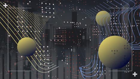 animation of digital wave and abstract shapes against statistical data processing on grey background