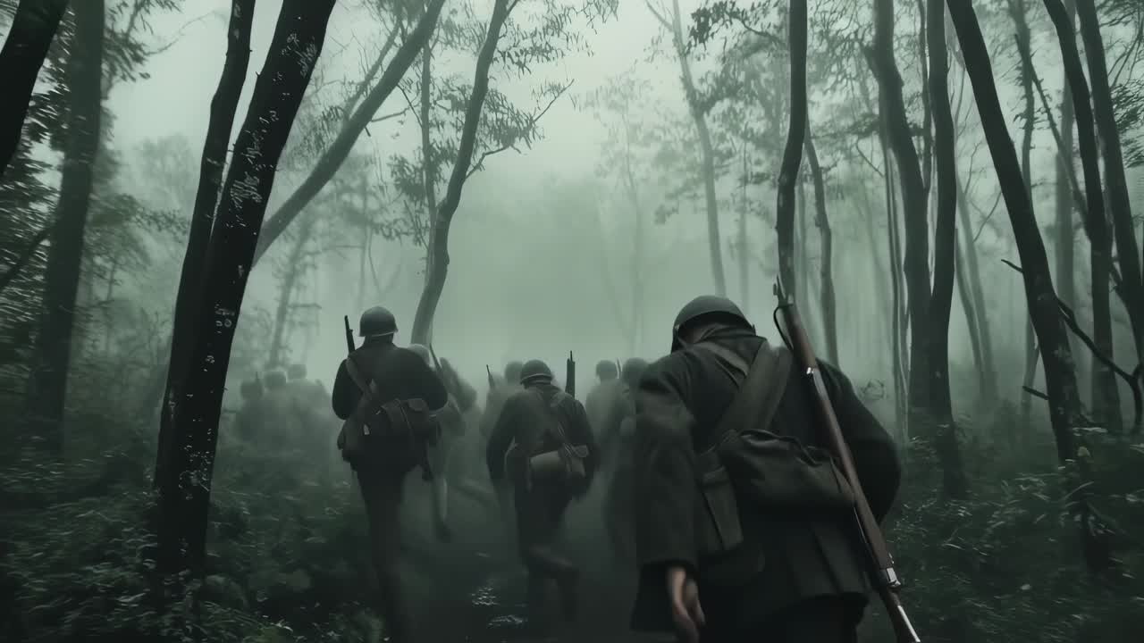 Infantry soldiers navigating dense foggy forest during military operation, displaying high tension tactical movement with dramatic, suspenseful military engagement atmosphere