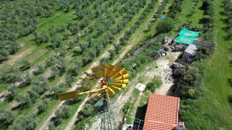 Molino-De-Viento-Amarillo-En-Una-Pequeña-Granja-Española-Con-Olivos