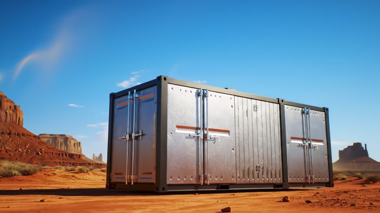 A metallic storage container sits firmly on the sandy ground of a vast desert. Surrounding rock formations create a picturesque backdrop under brilliant sunlight, showcasing nature's beauty.