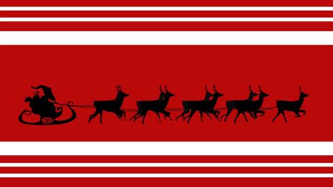 animation santa claus in sleigh with reindeer moving on red striped christmas background