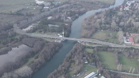 Aereal-shot-in-Valdivia-city,-Chile-Cau-Cau-Bridge