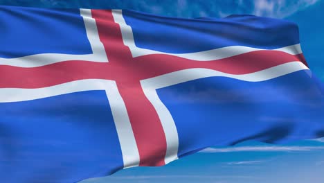 bandera de islandia con estructura de tela contra un cielo nublado (en bucle)