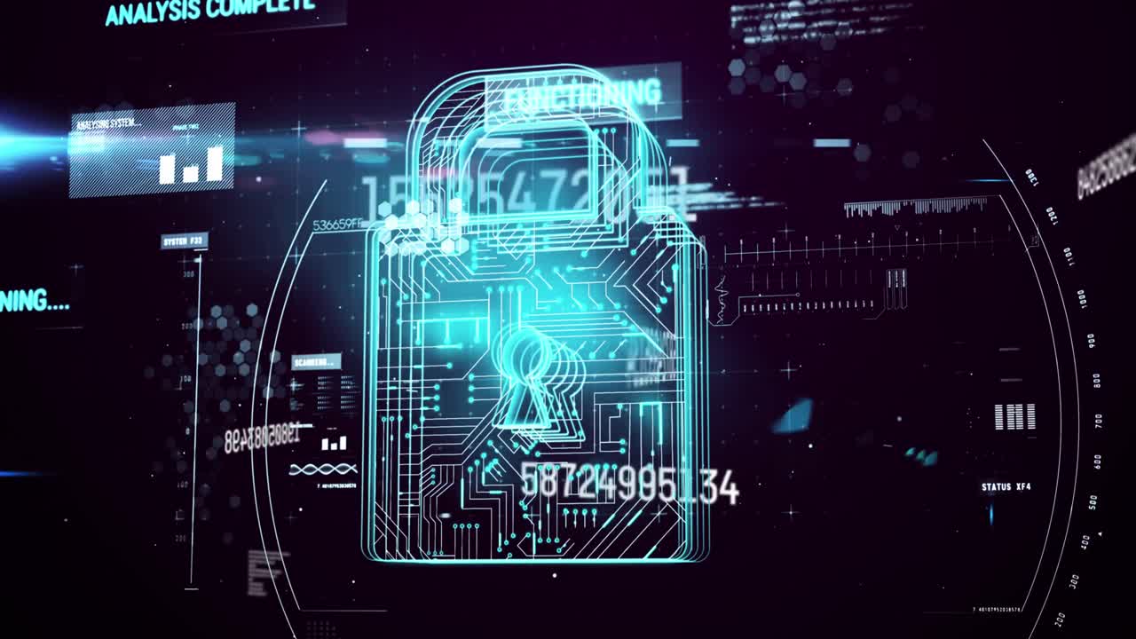 Animation of online security padlock numbers changing and data processing