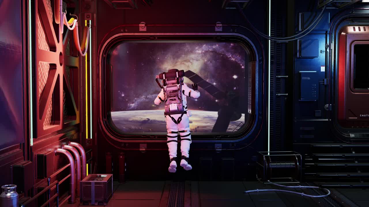 vista trasera del cuerpo completo de un astronauta solo en un corredor espacial futurista observando la tierra y las estrellas. vista de la tierra y el satélite de comunicaciones. animación 3d