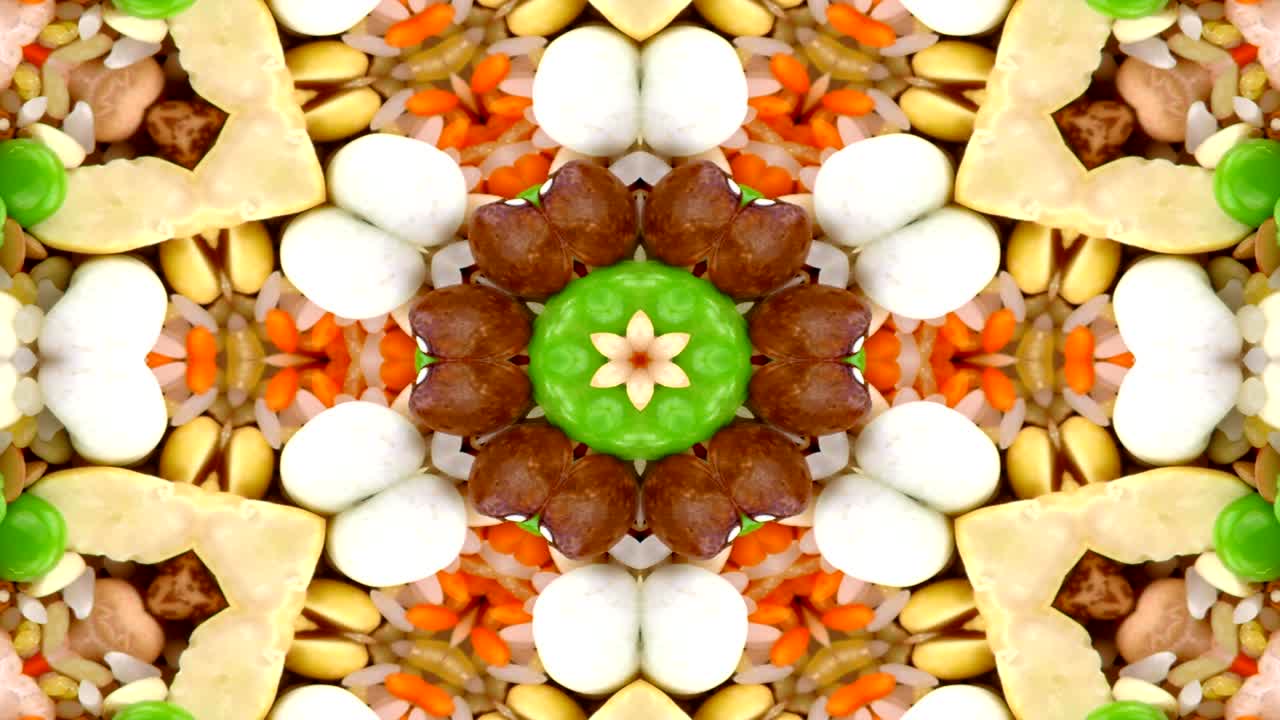 concepto de alimentos vegetales abstractos patrón simétrico ornamental decorativo movimiento caleidoscopio círculo geométrico y formas de estrellas