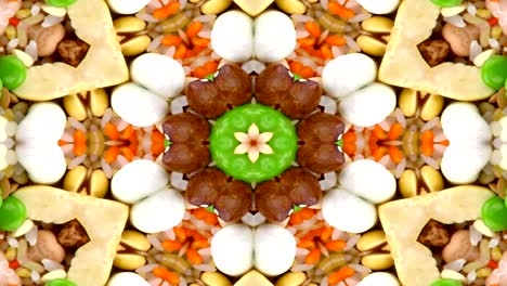 concepto de alimentos vegetales abstractos patrón simétrico ornamental decorativo movimiento caleidoscopio círculo geométrico y formas de estrellas