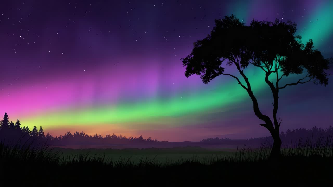 Una Scena Mozzafiato al Crepuscolo con un Albero Maestoso in Silhouette Contro un Cielo Colorato Illuminato da Radiose Aurore Boreali e Stelle