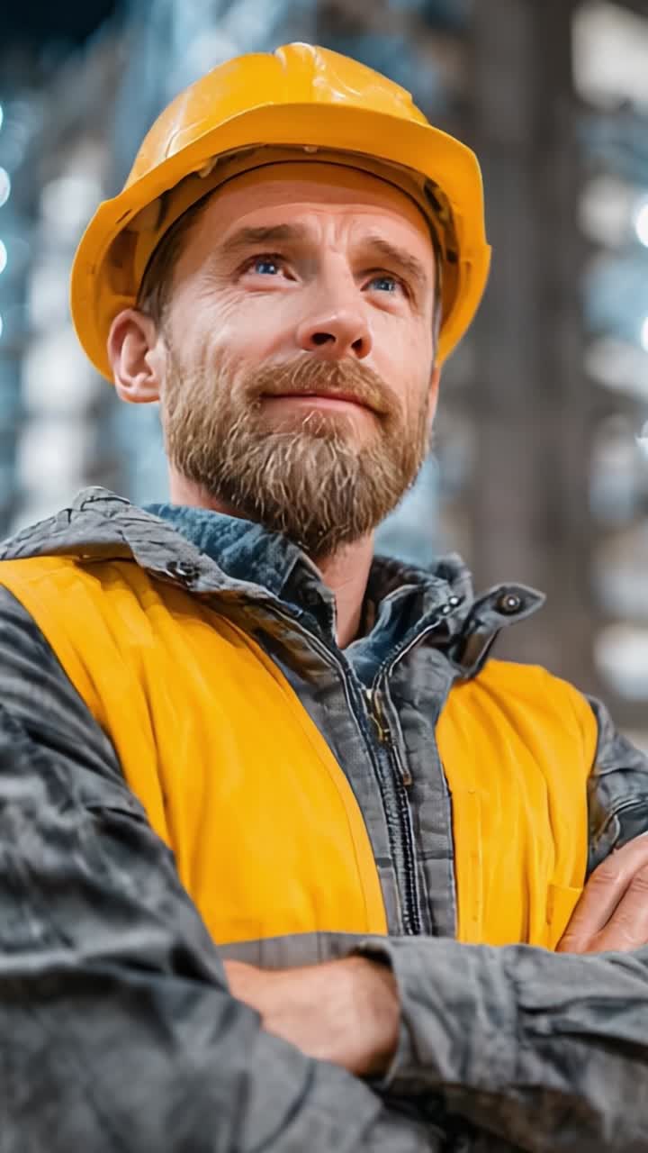 A confident workman in a safety helmet and reflective vest stands proudly with his arms crossed, showcasing determination and readiness in a modern industrial workspace