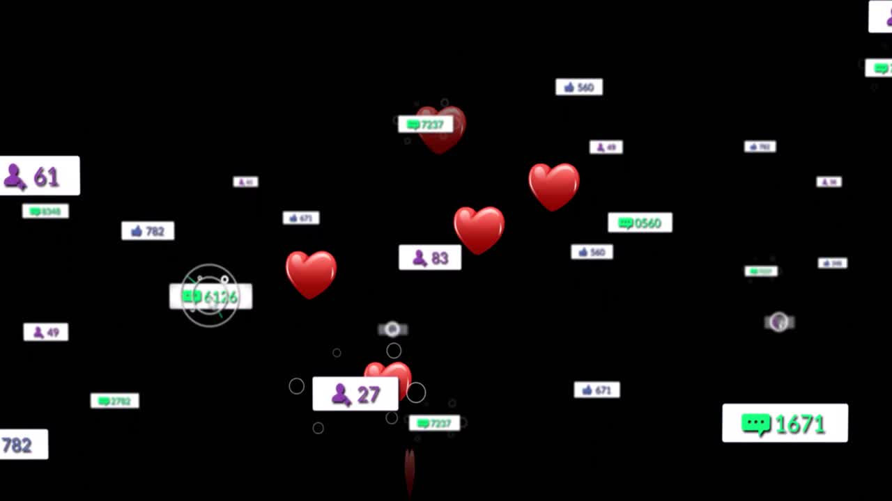 검은 바탕 위의 심장과 소셜 미디어 반응의 애니메이션