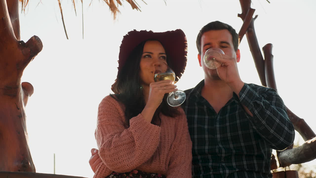 una pareja enamorada haciendo sonar copas de vino