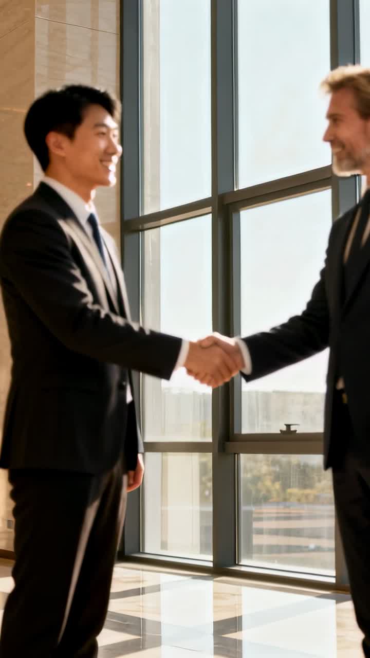 Pria di kiri mengulurkan tangan, pria lain menjabat tangan, menyegel kesepakatan bisnis di dekat jendela berpanel banyak.