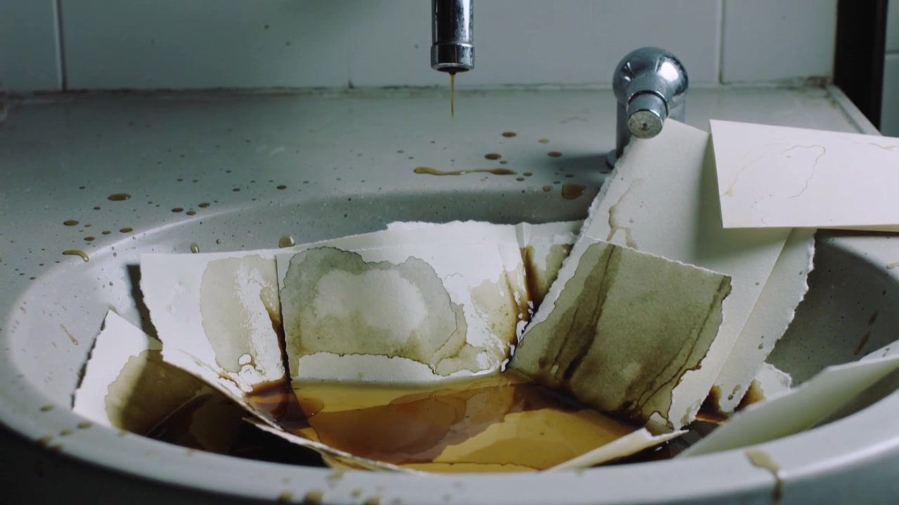 Dripping faucet sending brown liquid onto torn paper funnel at ceramic sink, folded card on rim