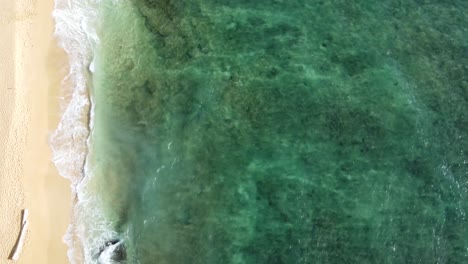 Turquoise-ocean-water-foaming-at-the-shore,-washing-the-golden-sand-of-the-beach-with-footprints,-Idyllic-summer-vacation-in-Hawaii