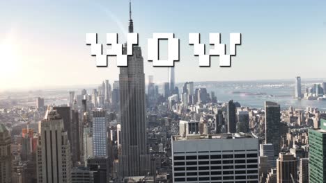 animación del texto wow en letras digitales blancas sobre el fondo del paisaje urbano