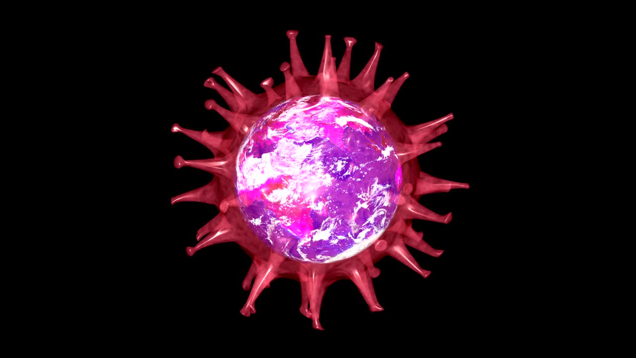 un enorme virus futurista rojo gira con el planeta tierra absorbido en su interior. el coronavirus se extiende por todo el mundo.