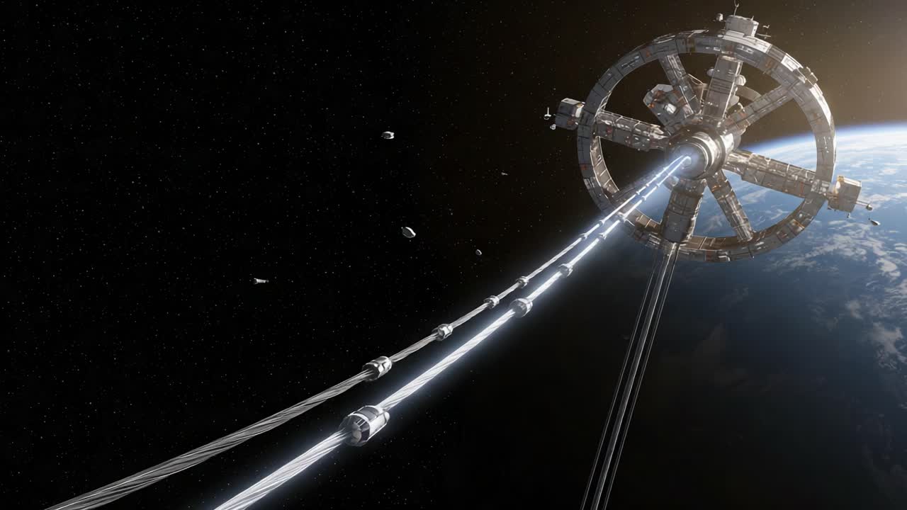 A Majestic Space Habitat Orbiting Earth: A Detailed View of a Futuristic Space Station with Radiating Structures and Cosmic Background