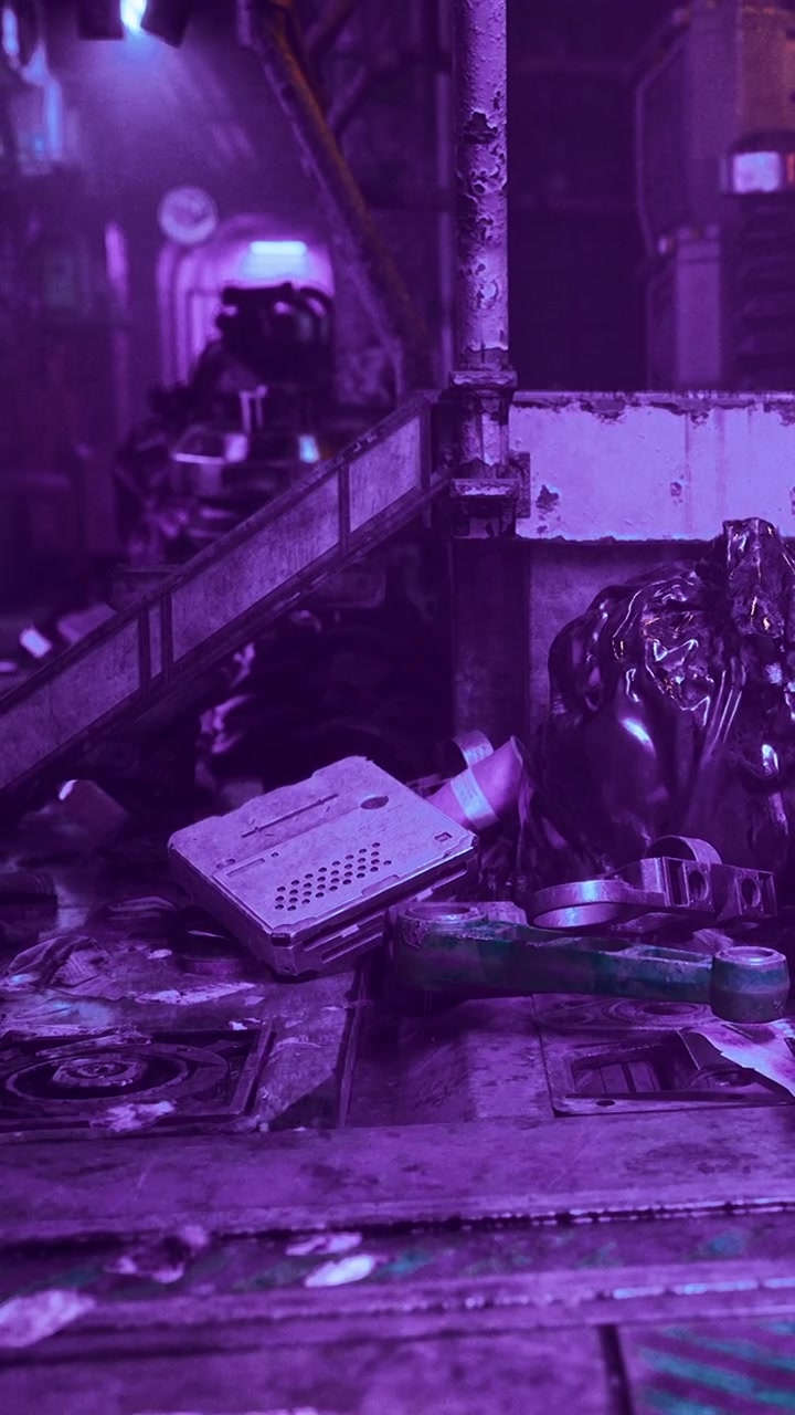 Urban decay with objects placed on ground in dim purple lighting