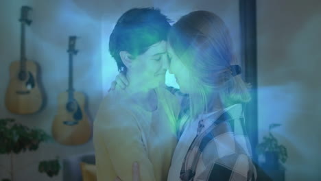 two women hugging in cozy living room, with animated heart icon and health chart overlay