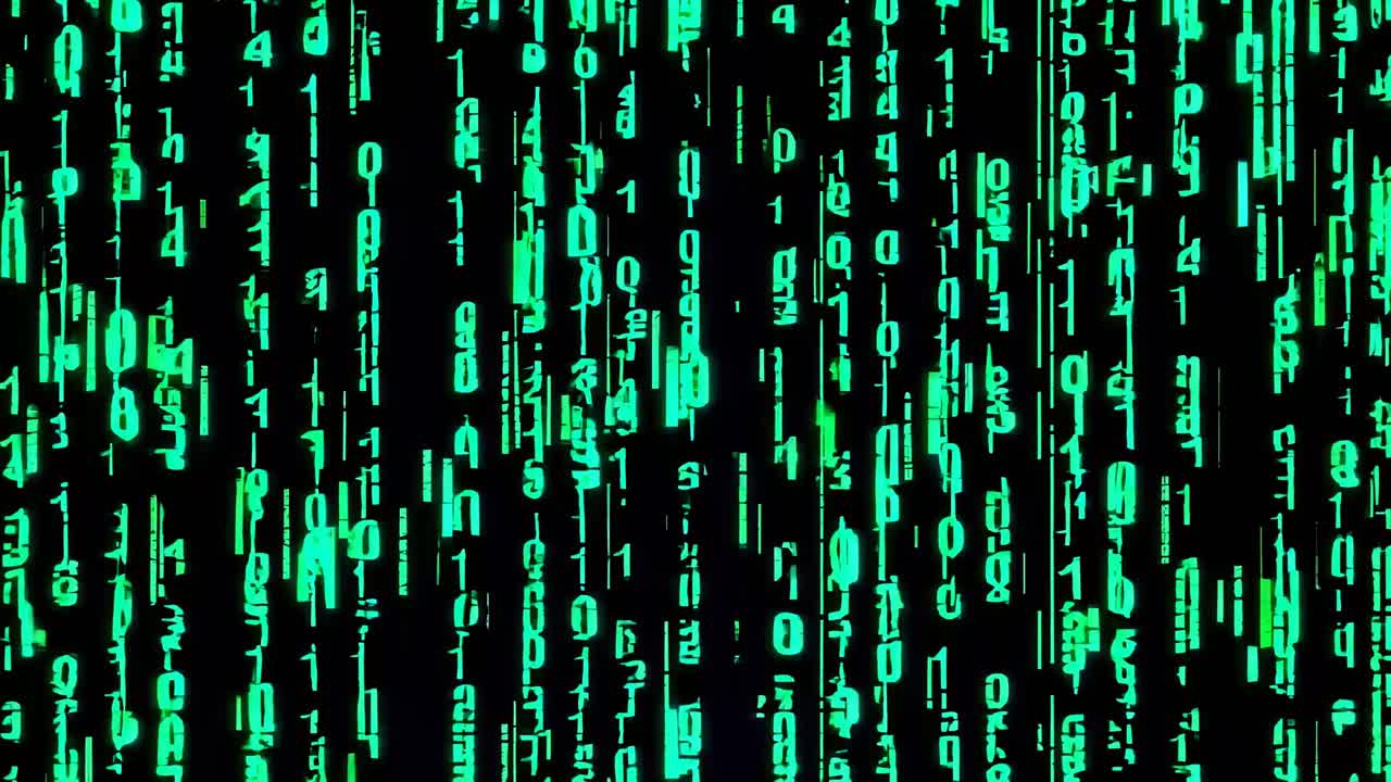 Abstract video of glowing green binary code cascading down a black background, reminiscent