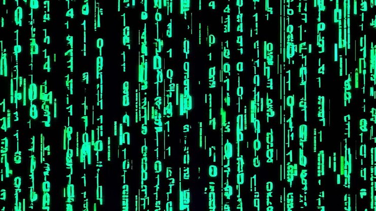 Abstract video of glowing green binary code cascading down a black background, reminiscent