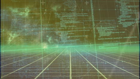 Animation of network of connections and data processing over grid network against black background