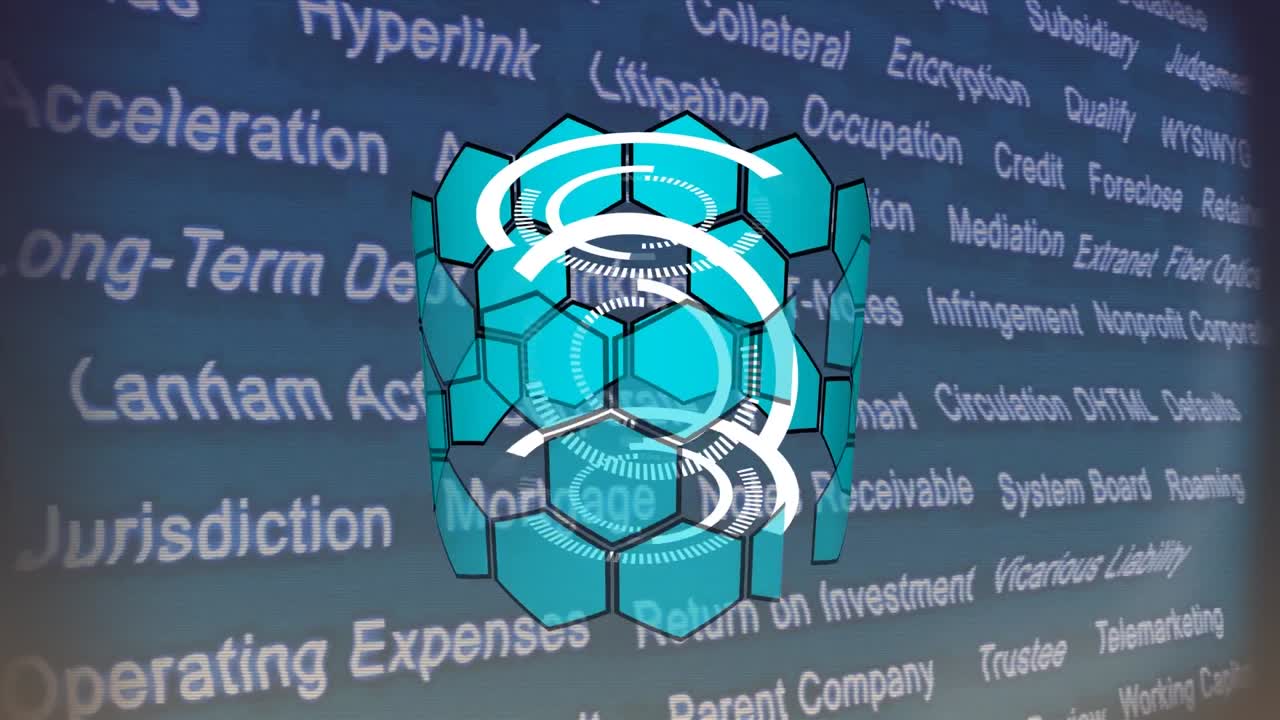 Animation of blue hexagons moving over text