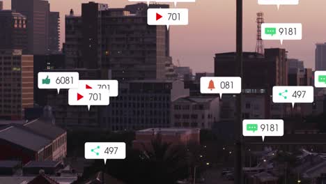animación de iconos de las redes sociales cayendo contra la vista aérea del paisaje urbano.