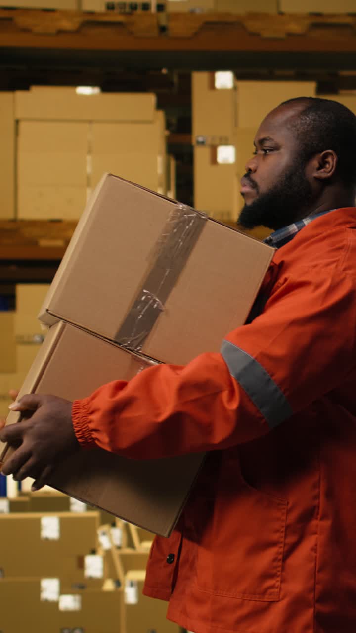 Vertical Video Black Industrial Employee Carrying Packages And Handling E-Commerce Orders
