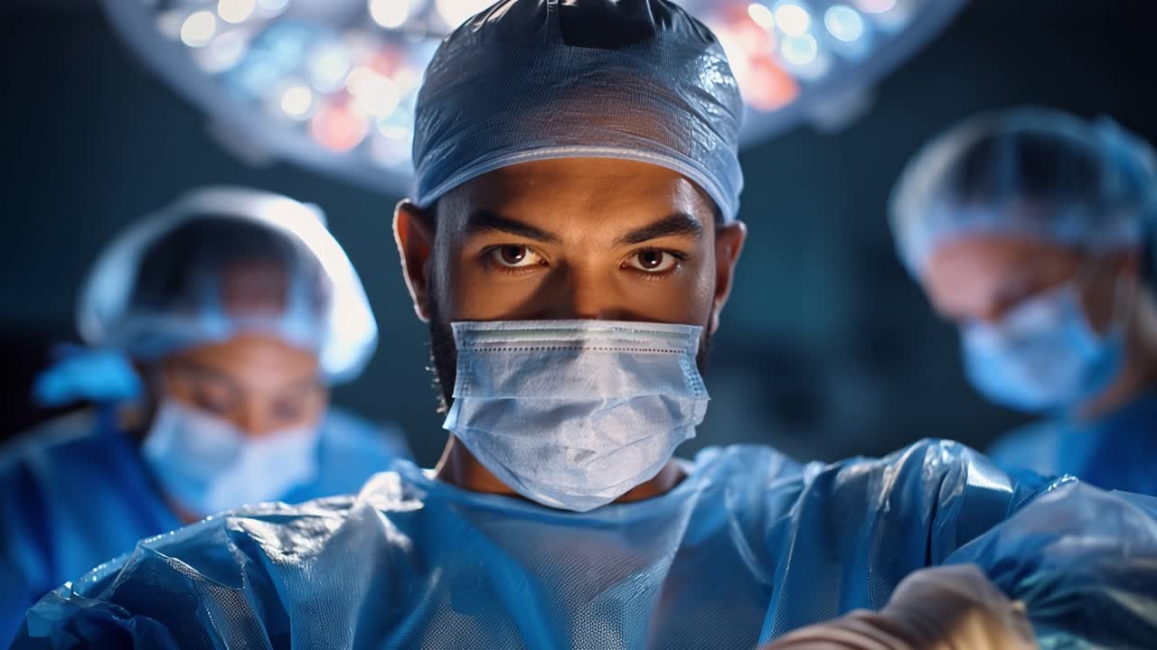 Focused surgeon commands the operating room. Sterile lights dominate the surgical field. Team members work in perfect harmony. Intense concentration fills the air. Medicine demands precision, patience