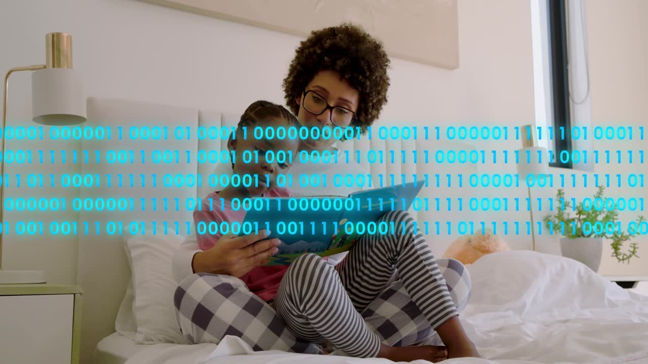 Mother opening blue book, still reading with child on bed, spreading teal binary overlay, teaching