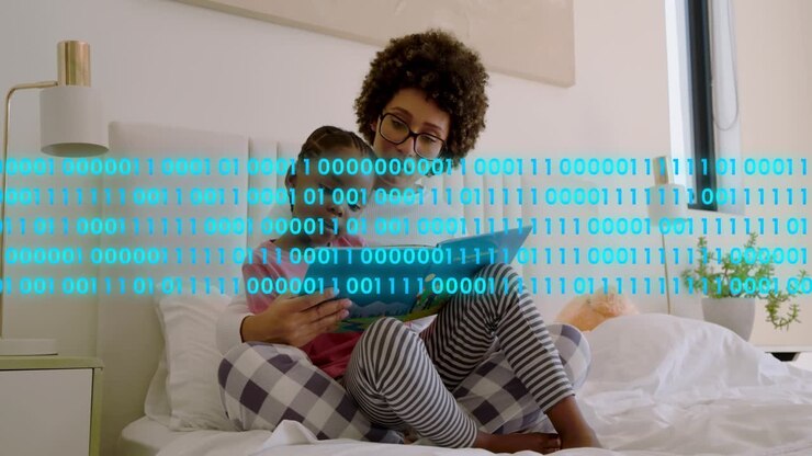 Mother opening blue book, still reading with child on bed, spreading teal binary overlay, teaching