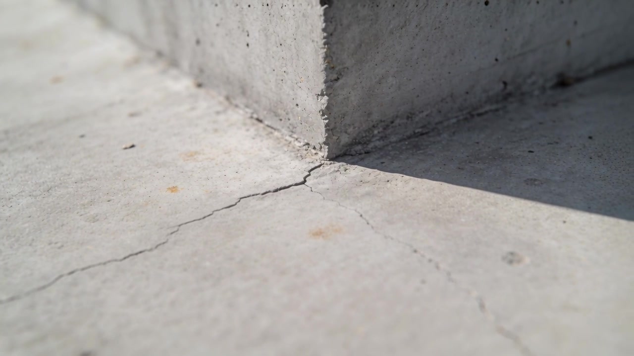 Sich verlagernde Kameralinse fokussiert auf eine Betonecke am Bürgersteig, enthüllt einen Haarriss und Schatten.