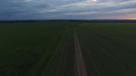 vista aérea de una carretera de campo a través de un campo al anochecer