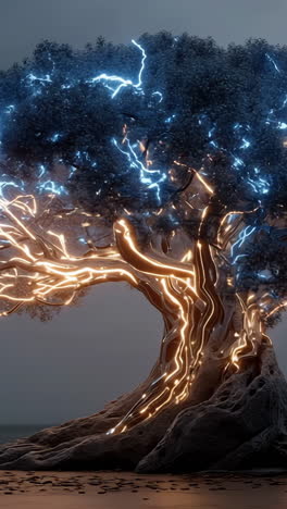 glowing lightning tree. a fantastical tree emits blue and golden light effects, creating an enchanting atmosphere during dusk.