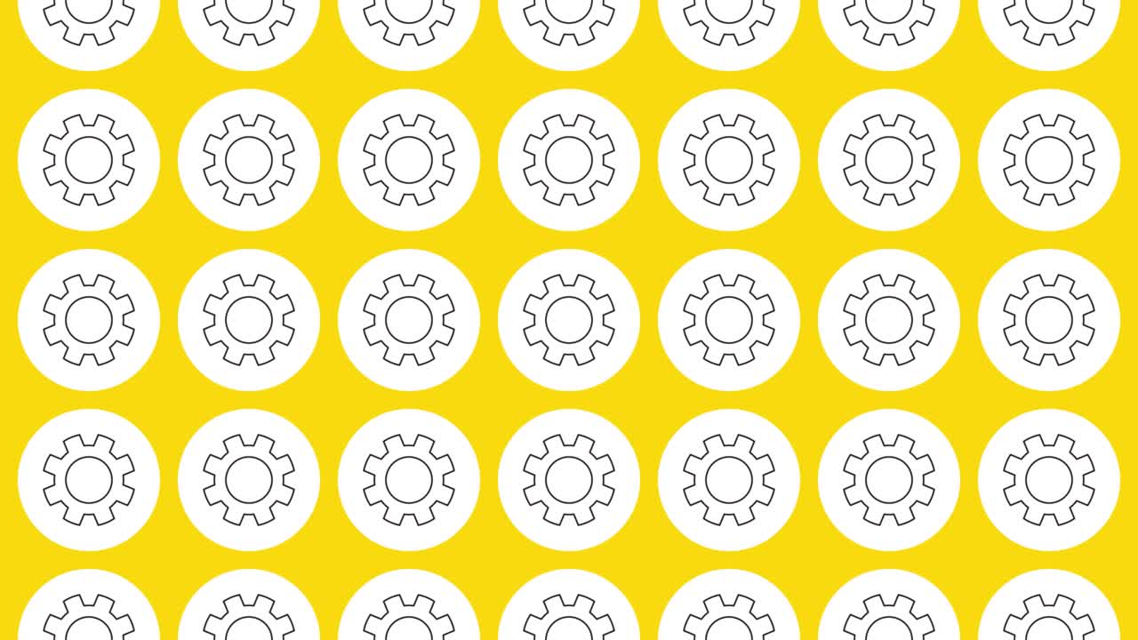 Gearwheel drop icon in white circle with black dynamic line pattern on a yellow background. Seamless loop dynamic pattern with regular symbols rotating around