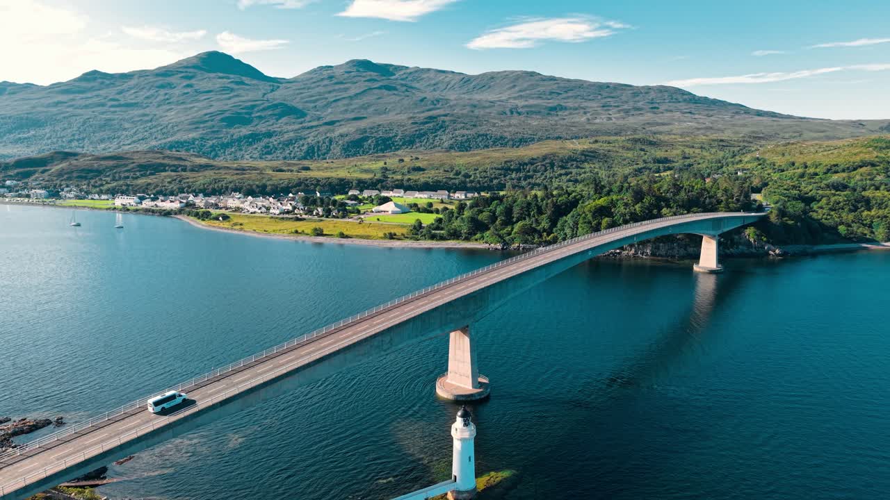 Bridge over water with mountains in the background