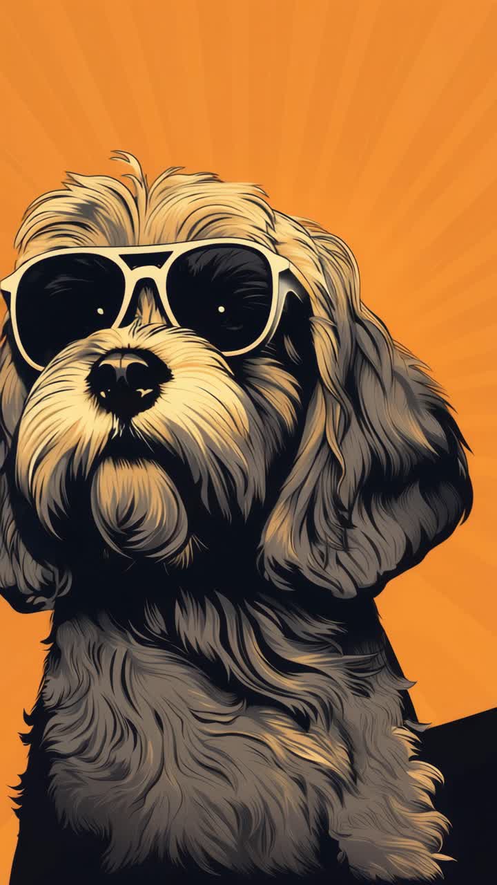 Stylized illustration of a dog in sunglasses, with a retro vibe. Low-angle view, ideal for a playful