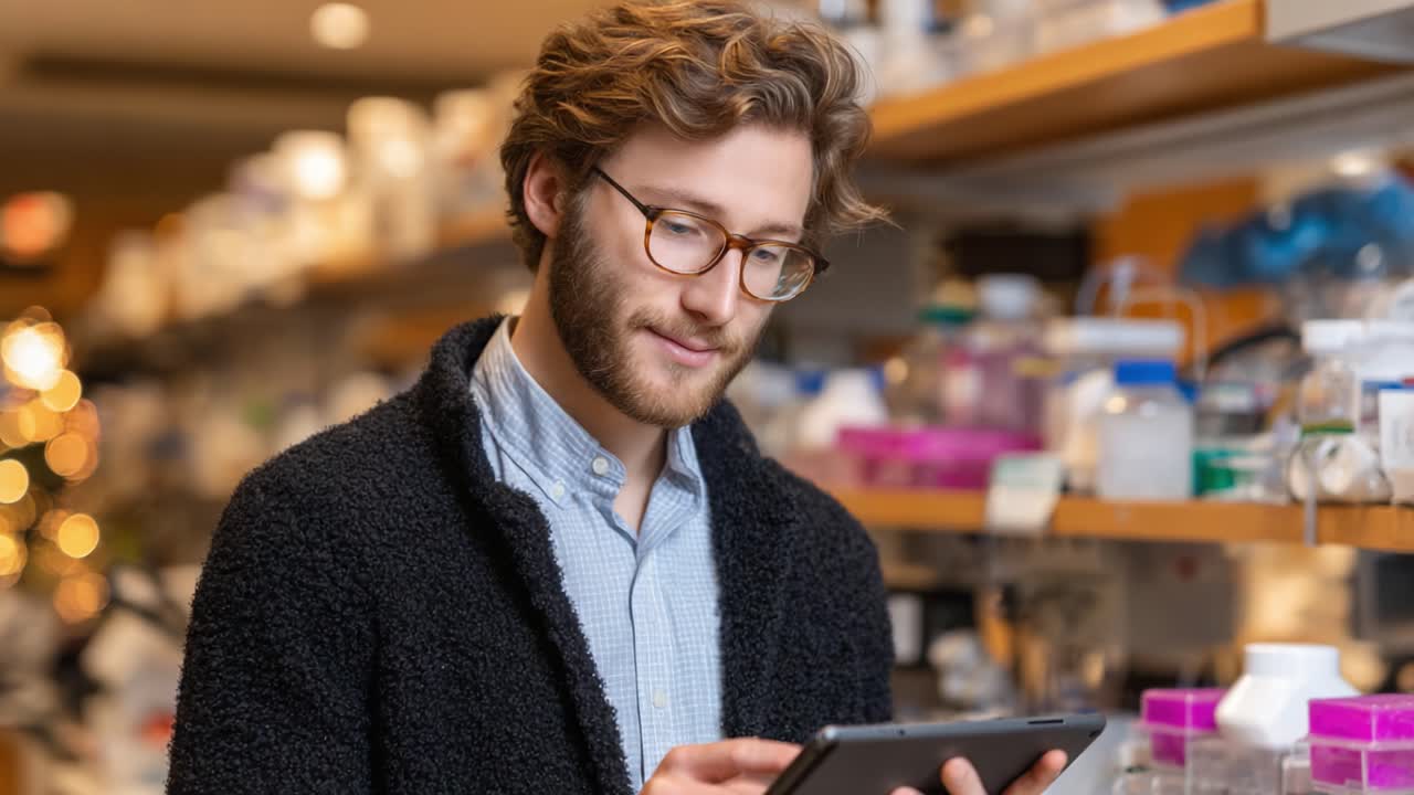 Engaged Researcher Using Tablet in Laboratory Filled with Scientific Equipment and Samples, Reflecting on Insights and Data Analysis in a Modern Science Environment
