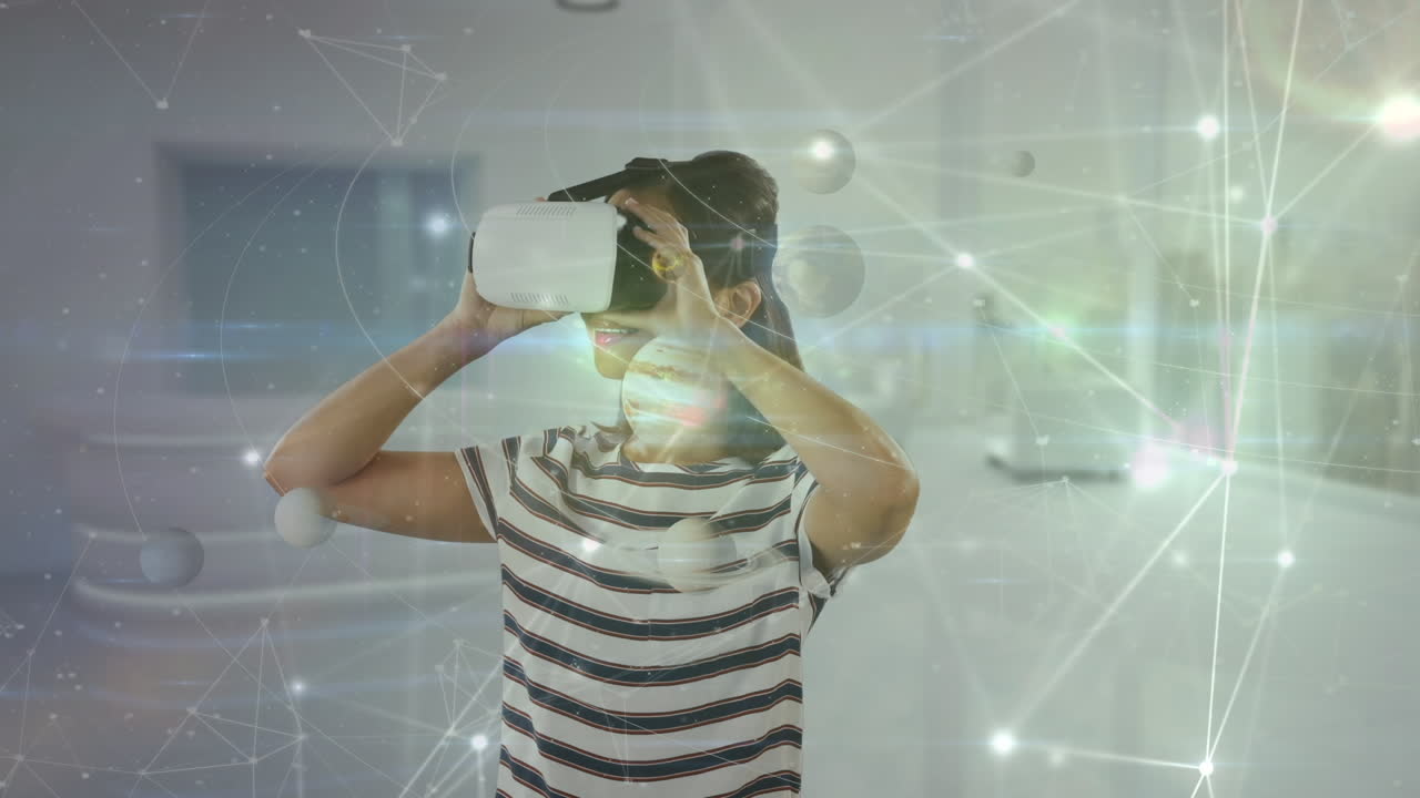 animación de la red de conexiones sobre una mujer caucásica que usa auriculares vr