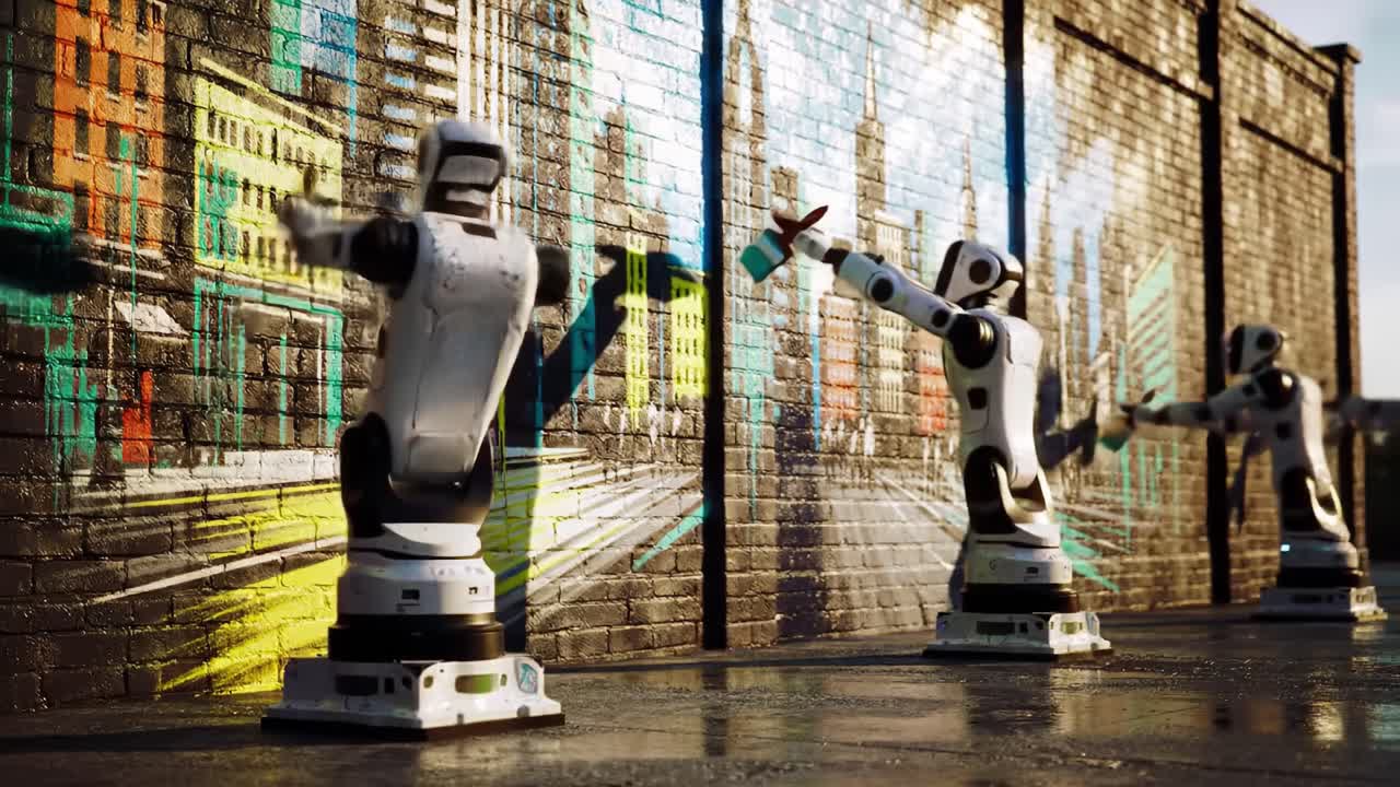 In a vibrant city, three robotic arms work together to paint stunning murals on a brick wall. Their precise movements bring life to intricate designs, showcasing advanced technology in art creation.