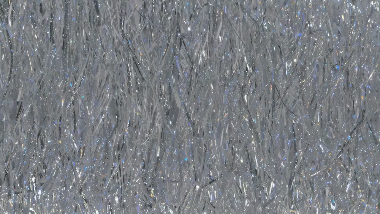 Lighting shift causing silver tinsel strands shimmering in studio close-up, foil fibers glittering