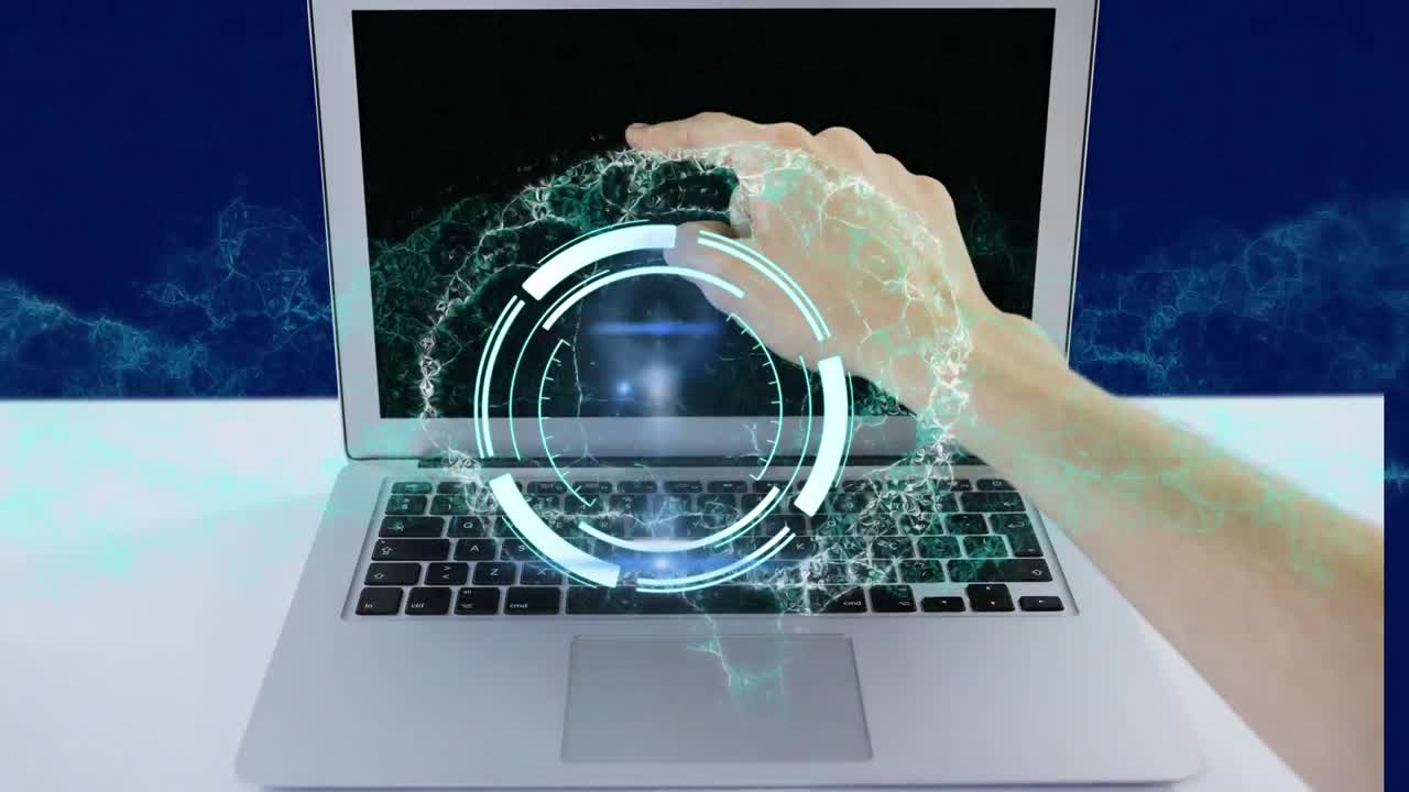 animación de escaneo de alcance y cerebro digital sobre la mano apuntando en una computadora portátil