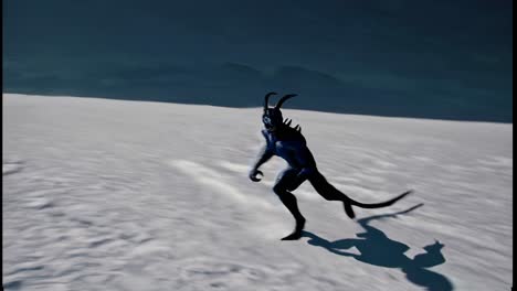 una criatura alienígena corriendo sobre la nieve.
