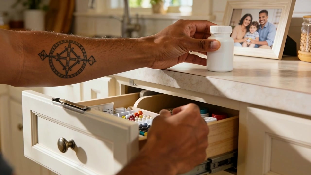 Opening kitchen drawer, man in grey shirt lifting white pill bottle, sorting medications