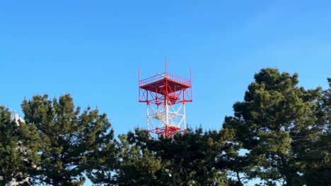 Red-radio-tower-rising-above-lush-green-trees-against-a-clear-blue-sky,-vibrant-colors