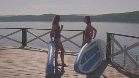 two young women in swimsuits talking with surfboards on the ground at the beach