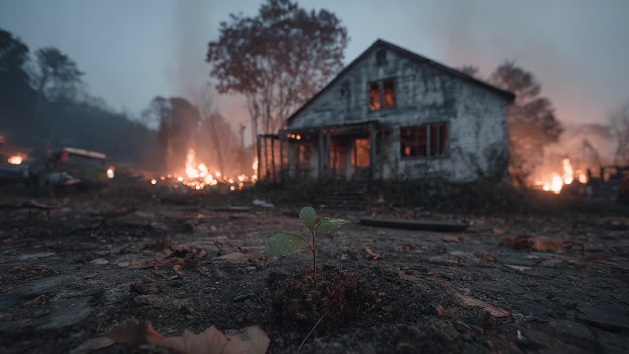 Resilience Amid Destruction: A Small Plant Thrives in the Shadows of a Burnt House Alongside Surreal Flames