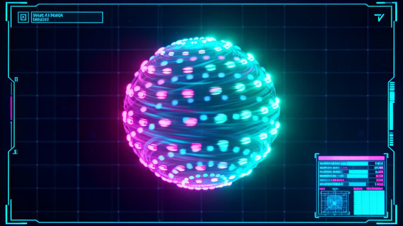 Rotating neon spherical construct responding to startup on HUD grid, pulsing nodes visualizing data