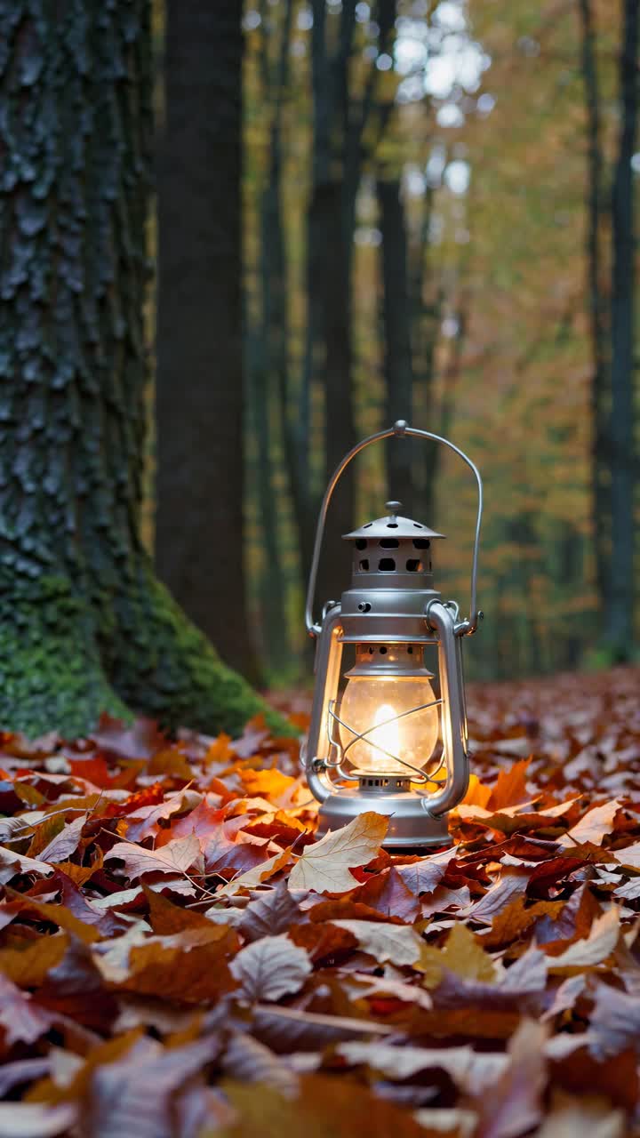 Warm lantern on autumn leaves in a forest, captured from a low angle